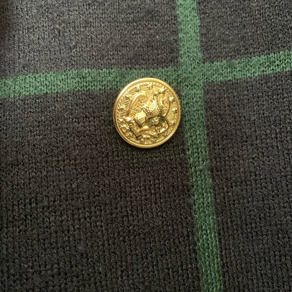 Anne Klein Green Navy Plaid Open Front Cardigan jacket gold buttons Size Small - Picture 8 of 8